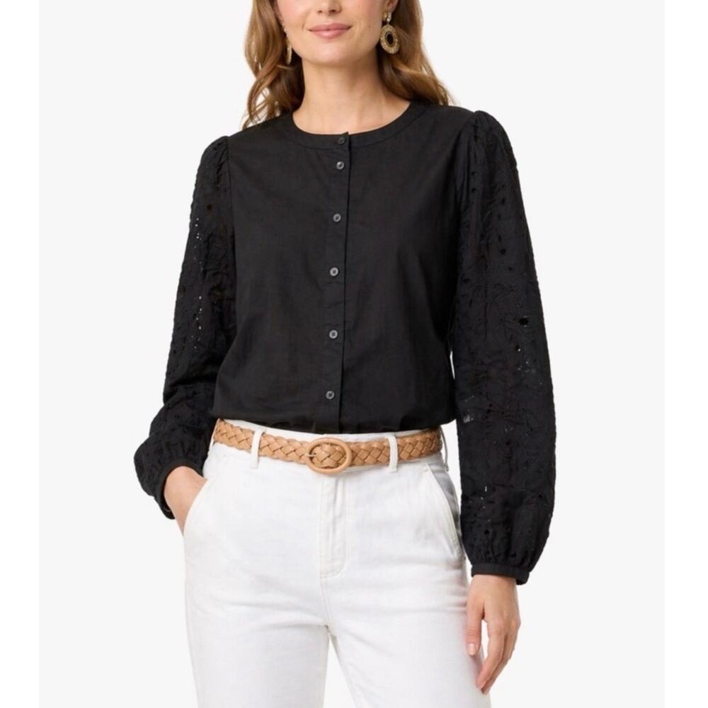 NWT J.Crew Factory Eyelet-Sleeve Embroidered Button-Front Top Black Size Medium